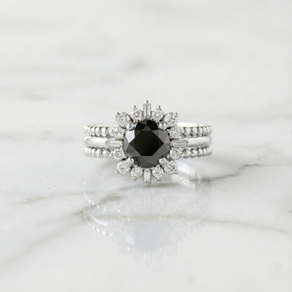 Round Shape Fancy Black Color Center Diamond Bridal Solid Gold Ring Set - Shree Diamond Mfg