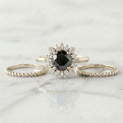 Round Shape Fancy Black Color Center Diamond Bridal Solid Gold Ring Set - Shree Diamond Mfg