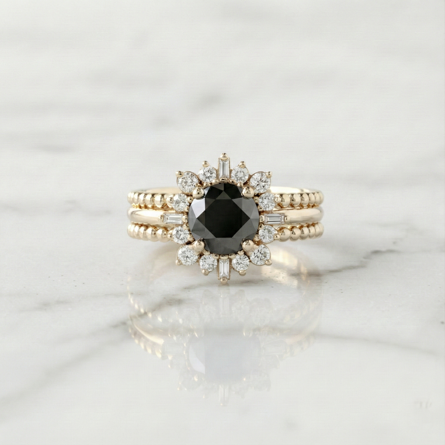 Round Shape Fancy Black Color Center Diamond Bridal Solid Gold Ring Set - Shree Diamond Mfg