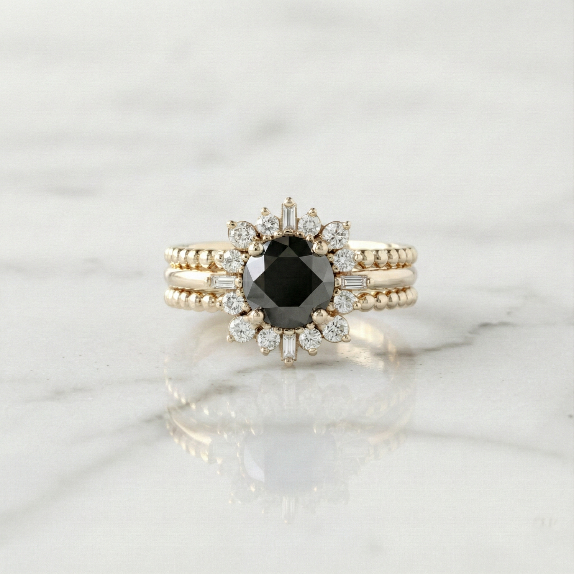 Round Shape Fancy Black Color Center Diamond Bridal Solid Gold Ring Set - Shree Diamond Mfg