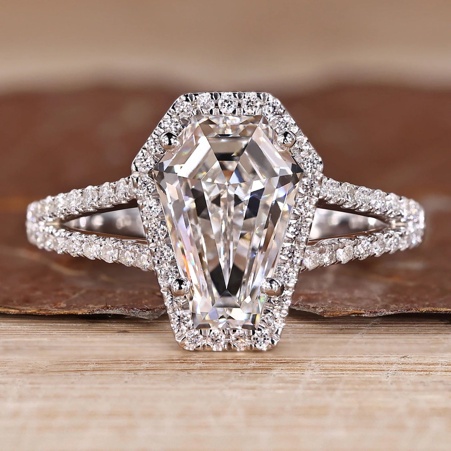 Coffin Cut White Color Lab Grown Diamond Halo Engagement Gold Ring  Shree Diamond Mfg