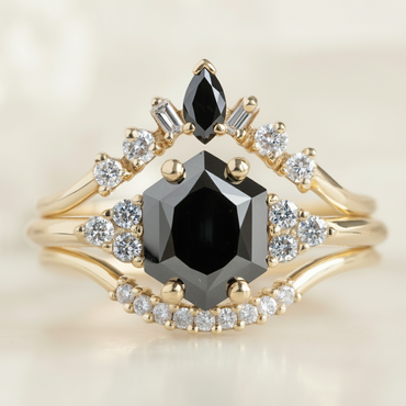 Hexagon Shape Black Color and Salt and Pepper Diamond Vintage Gold Ring