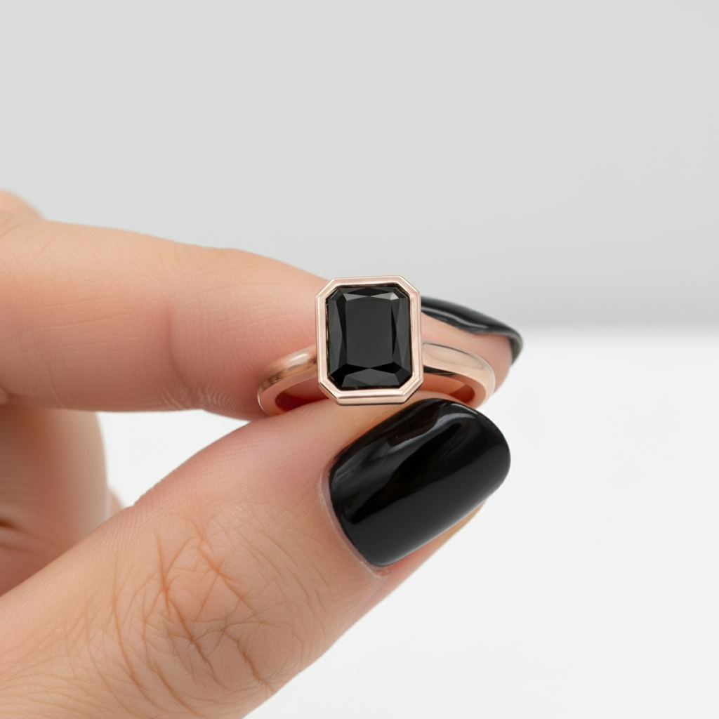 Emerald Shape Black Color Diamond Bezel Set Solitaire Engagement Ring