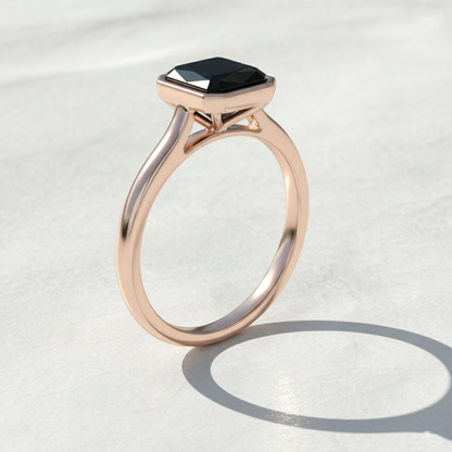 Emerald Shape Black Color Diamond Bezel Set Solitaire Engagement Ring