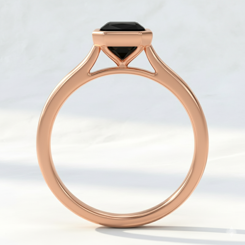 Emerald Shape Black Color Diamond Bezel Set Solitaire Engagement Ring