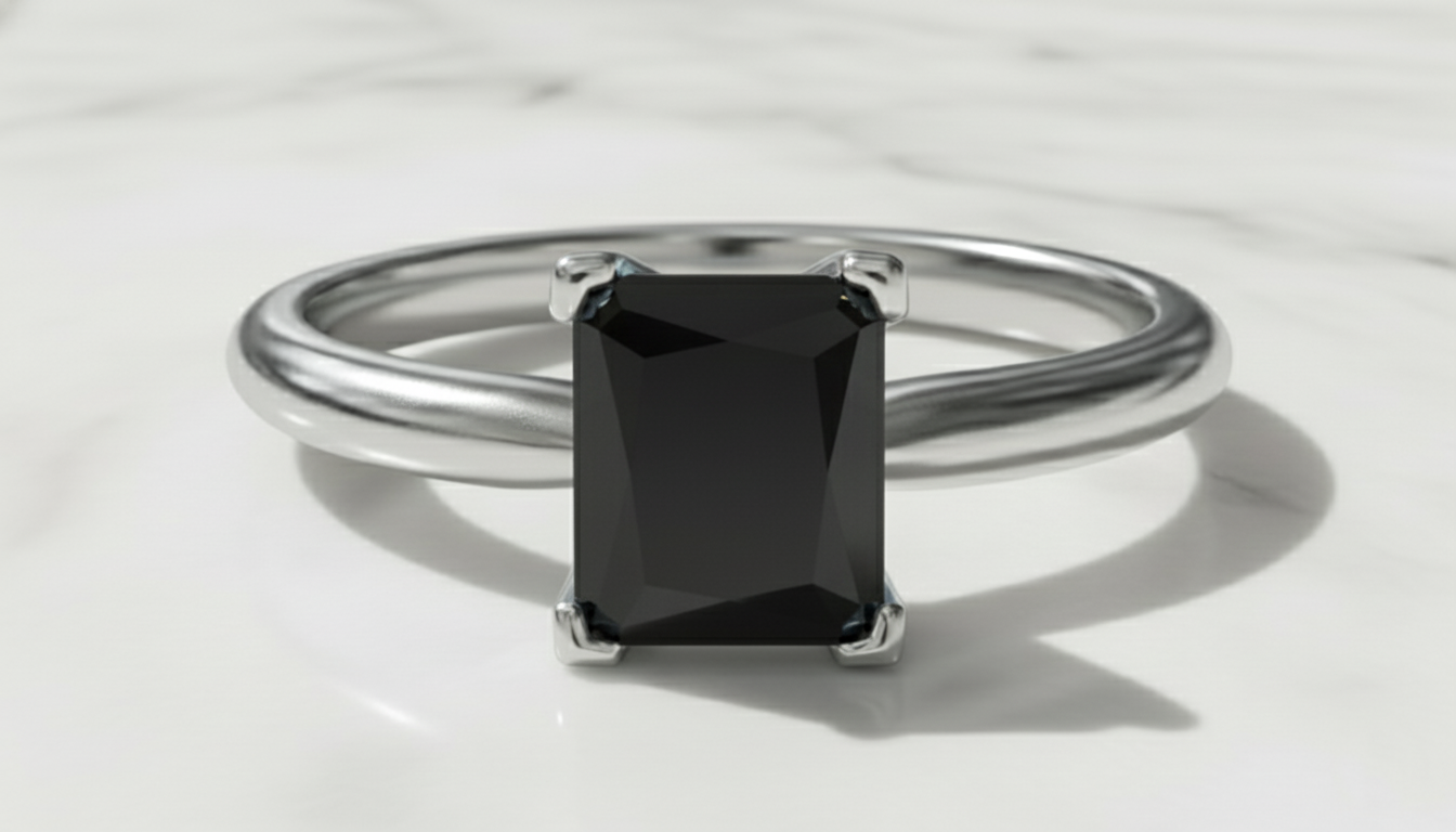 Emerald Shape Black Color Diamond Engagement Ring