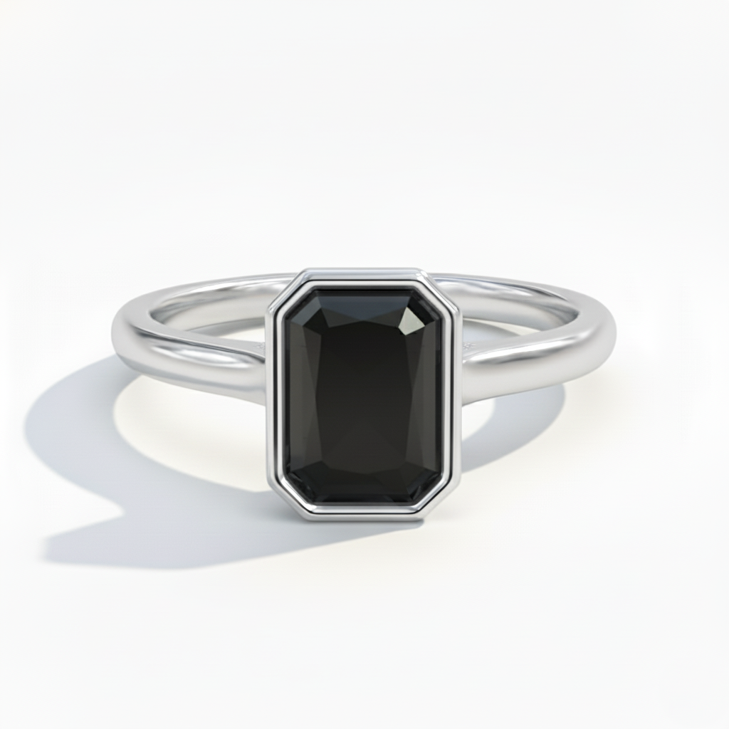 Emerald Shape Black Color Diamond Bezel Set Solitaire Engagement Ring
