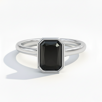 Emerald Shape Black Color Diamond Bezel Set Solitaire Engagement Ring