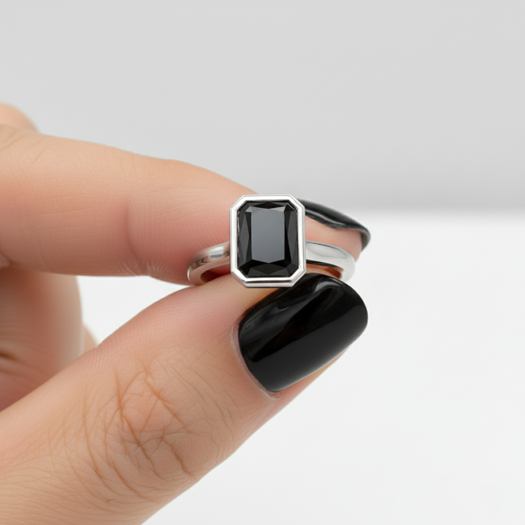 Emerald Shape Black Color Diamond Bezel Set Solitaire Engagement Ring