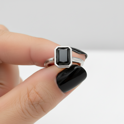 Emerald Shape Black Color Diamond Bezel Set Solitaire Engagement Ring