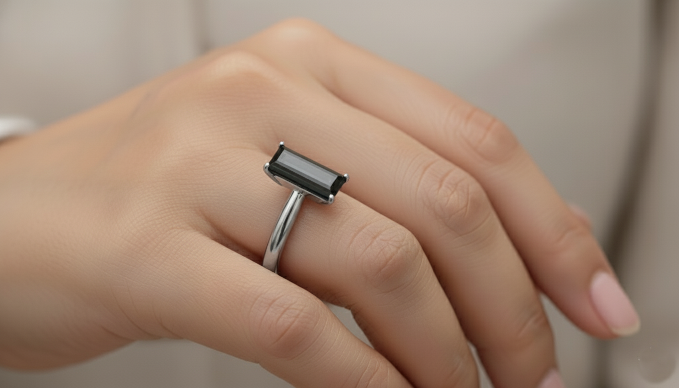 Emerald Shape Black Color Diamond Engagement Ring