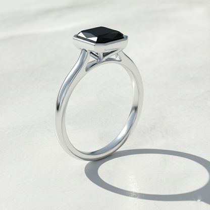 Emerald Shape Black Color Diamond Bezel Set Solitaire Engagement Ring