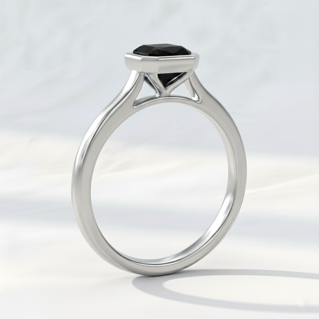Emerald Shape Black Color Diamond Bezel Set Solitaire Engagement Ring