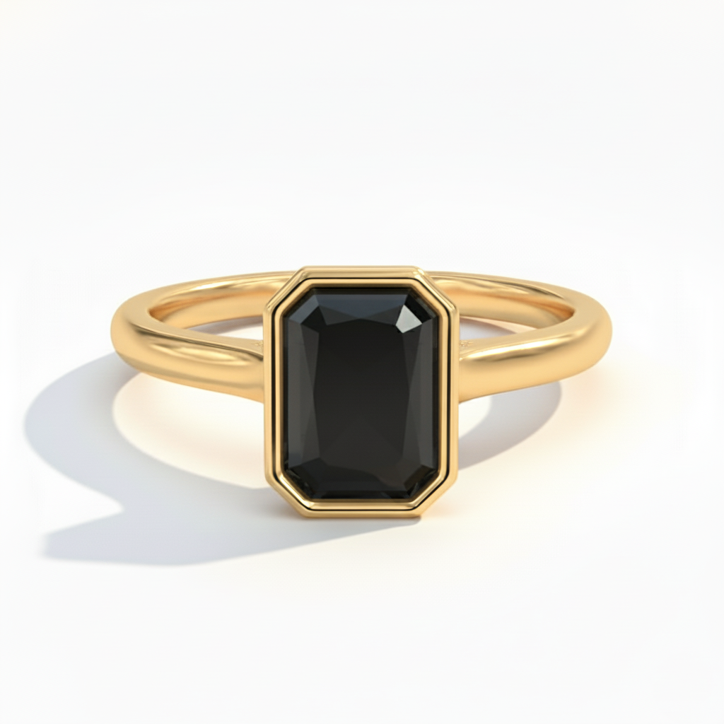 Emerald Shape Black Color Diamond Bezel Set Solitaire Engagement Ring