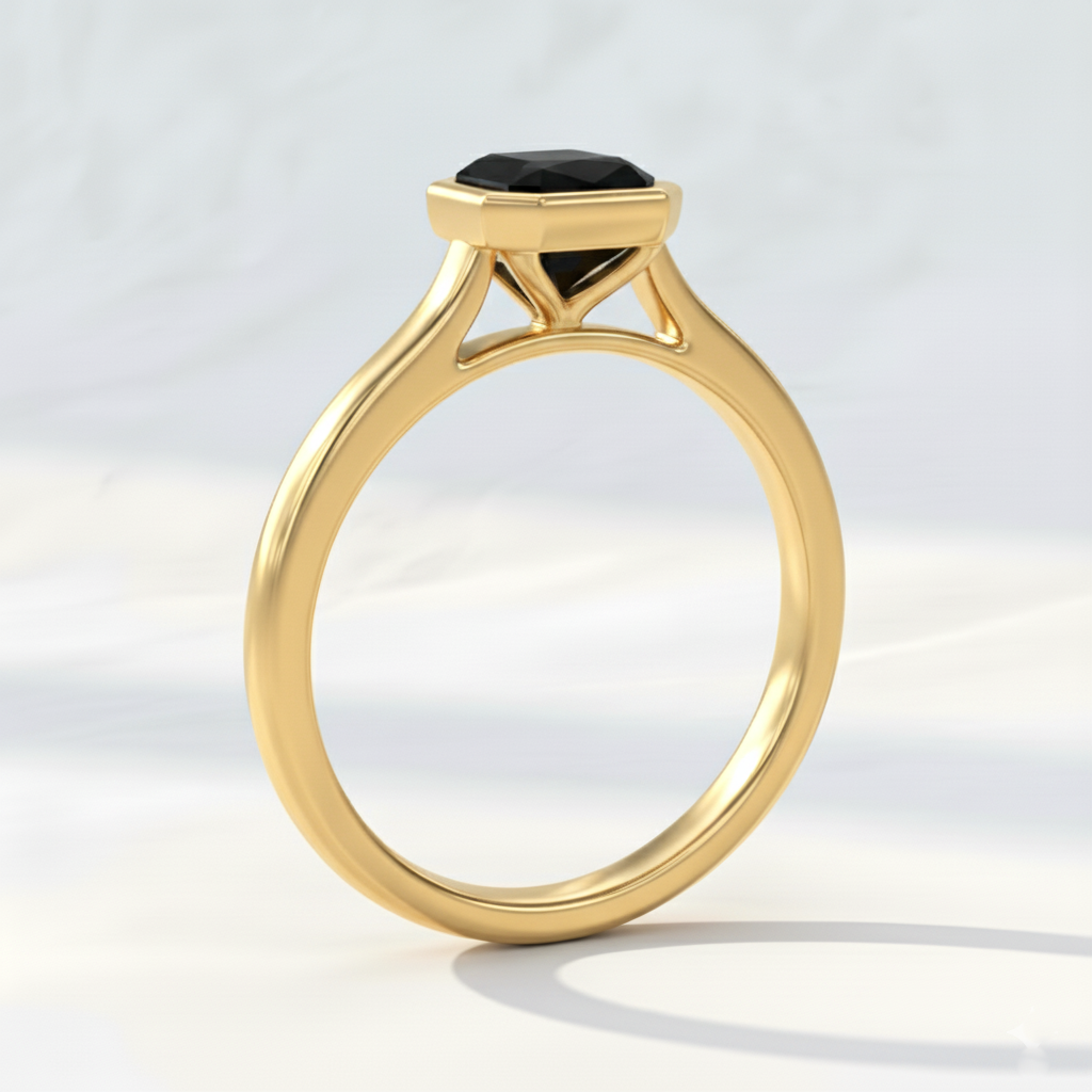 Emerald Shape Black Color Diamond Bezel Set Solitaire Engagement Ring