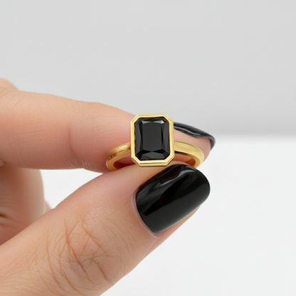 Emerald Shape Black Color Diamond Bezel Set Solitaire Engagement Ring