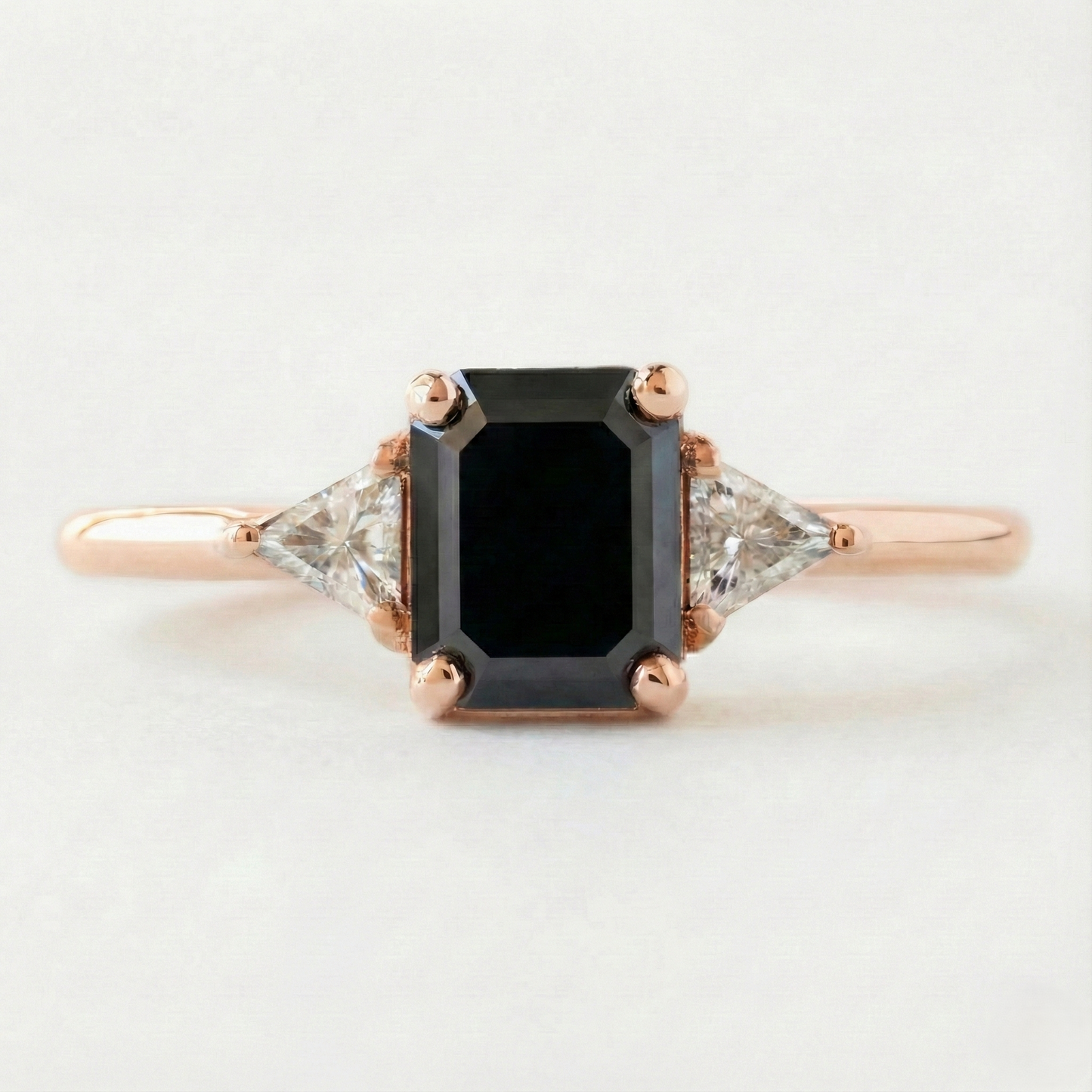 Emerald Cut Fancy Black Color Center Diamond Solid Gold Two Band Ring