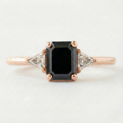 Emerald Cut Fancy Black Color Center Diamond Solid Gold Bridal Set Ring