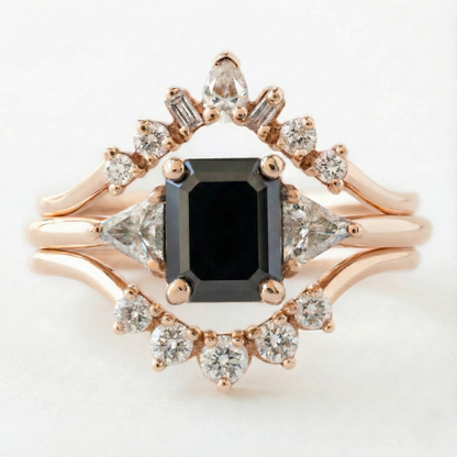 Emerald Cut Fancy Black Color Center Diamond Solid Gold Bridal Set Ring