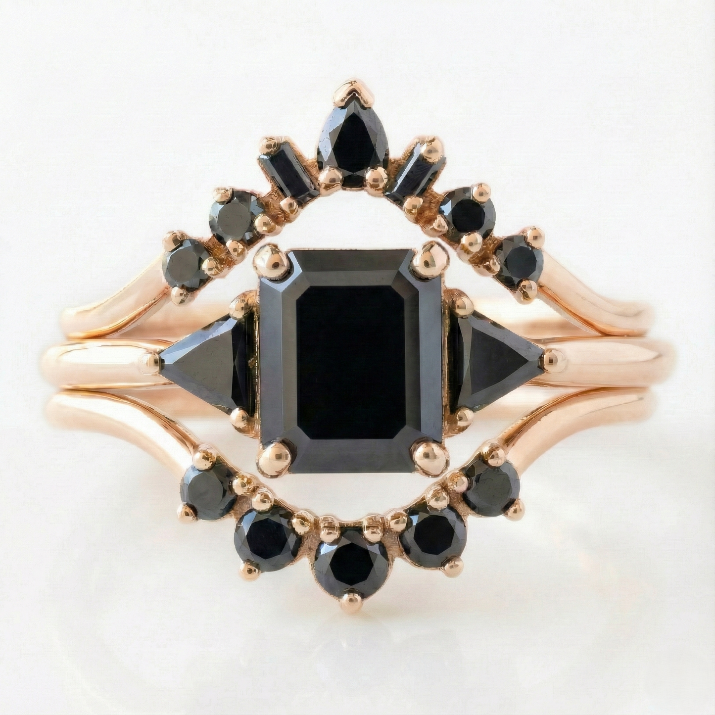Square Emerald Cut Fancy Black Color Center Diamond Solid Gold Bridal Set Ring