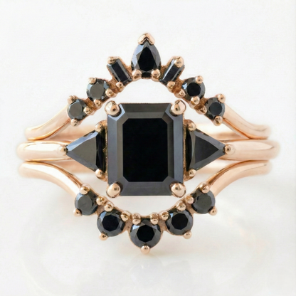 Square Emerald Cut Fancy Black Color Center Diamond Solid Gold Bridal Set Ring