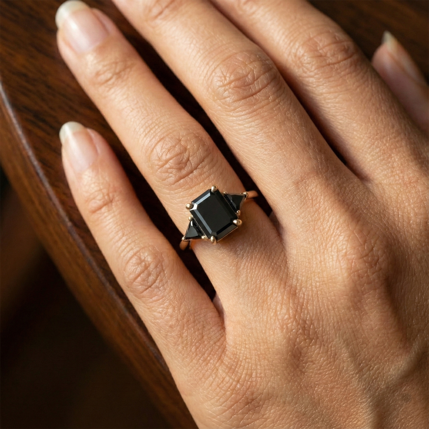 Square Emerald Cut Fancy Black Color Center Diamond Solid Gold Bridal Set Ring