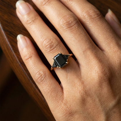 Square Emerald Cut Fancy Black Color Center Diamond Solid Gold Bridal Set Ring