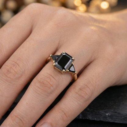 Square Emerald Cut Fancy Black Color Diamonds Designer Solid Gold Ring