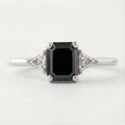 Elegance Emerald Cut Fancy Black Color Diamonds Designer Trilogy Solid Gold Ring
