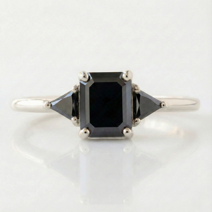 Square Emerald Cut Fancy Black Color Center Diamond Solid Gold Bridal Set Ring