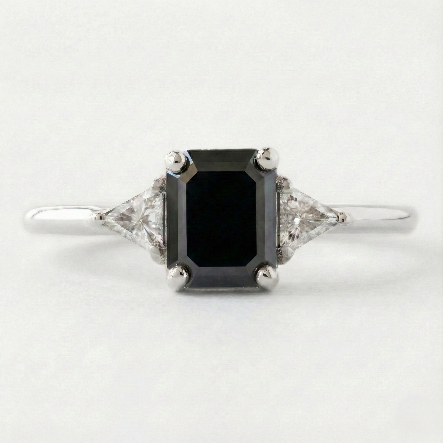 Emerald Cut Fancy Black Color Center Diamond Solid Gold Two Band Ring