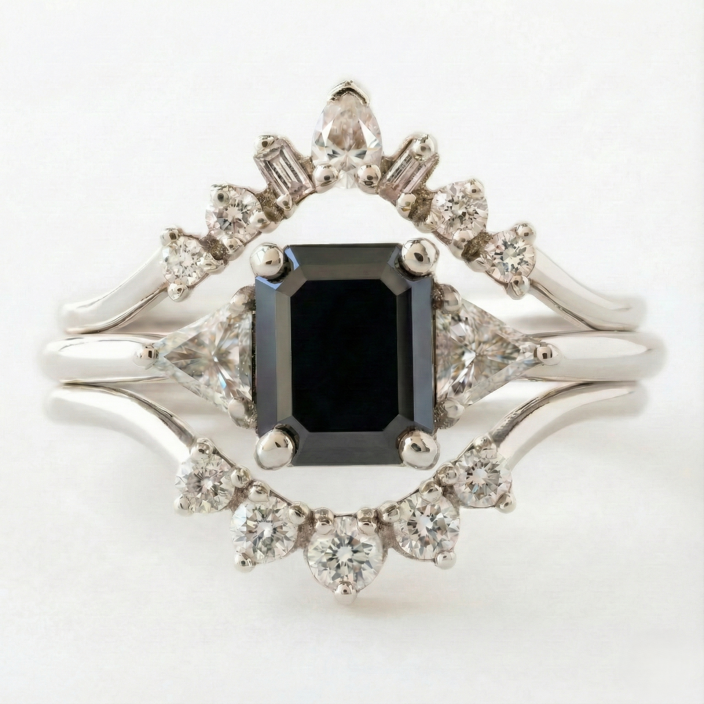 Emerald Cut Fancy Black Color Center Diamond Solid Gold Bridal Set Ring