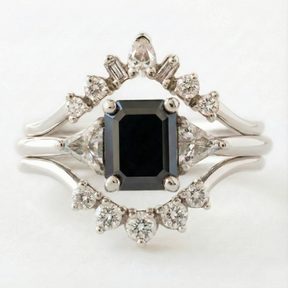 Emerald Cut Fancy Black Color Center Diamond Solid Gold Bridal Set Ring