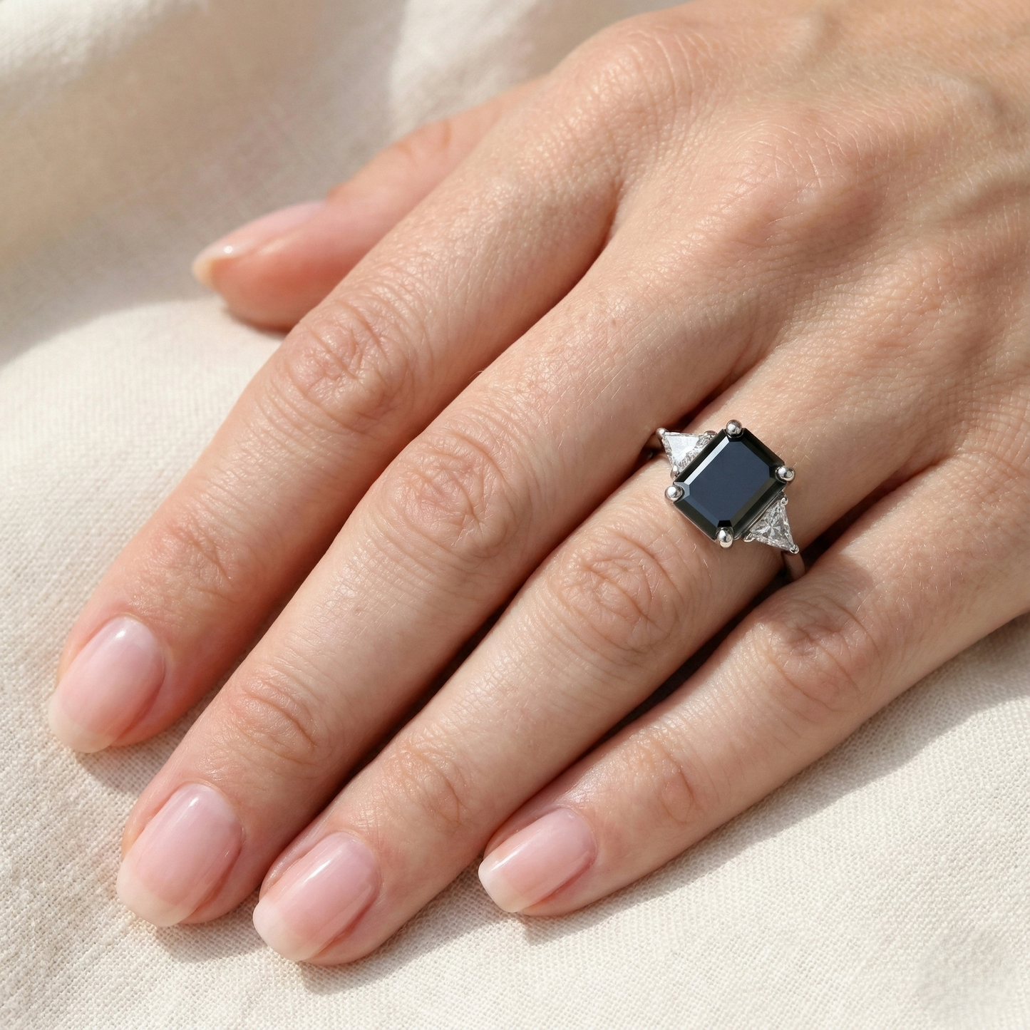 Elegance Emerald Cut Fancy Black Color Diamonds Designer Trilogy Solid Gold Ring