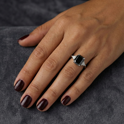 Emerald Cut Fancy Black Color Center Diamond Solid Gold Bridal Set Ring