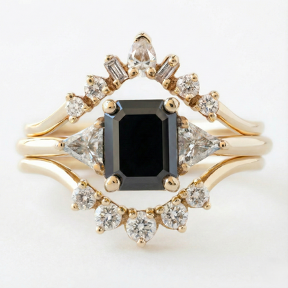 Emerald Cut Fancy Black Color Center Diamond Solid Gold Bridal Set Ring - Shree Diamond Mfg