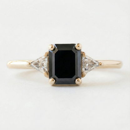 Elegance Emerald Cut Fancy Black Color Diamonds Designer Trilogy Solid Gold Ring - Shree Diamond Mfg