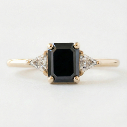 Elegance Emerald Cut Fancy Black Color Diamonds Designer Trilogy Solid Gold Ring - Shree Diamond Mfg