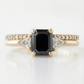 Emerald Cut Fancy Black Color Center Diamond Solid Gold Two Band Ring