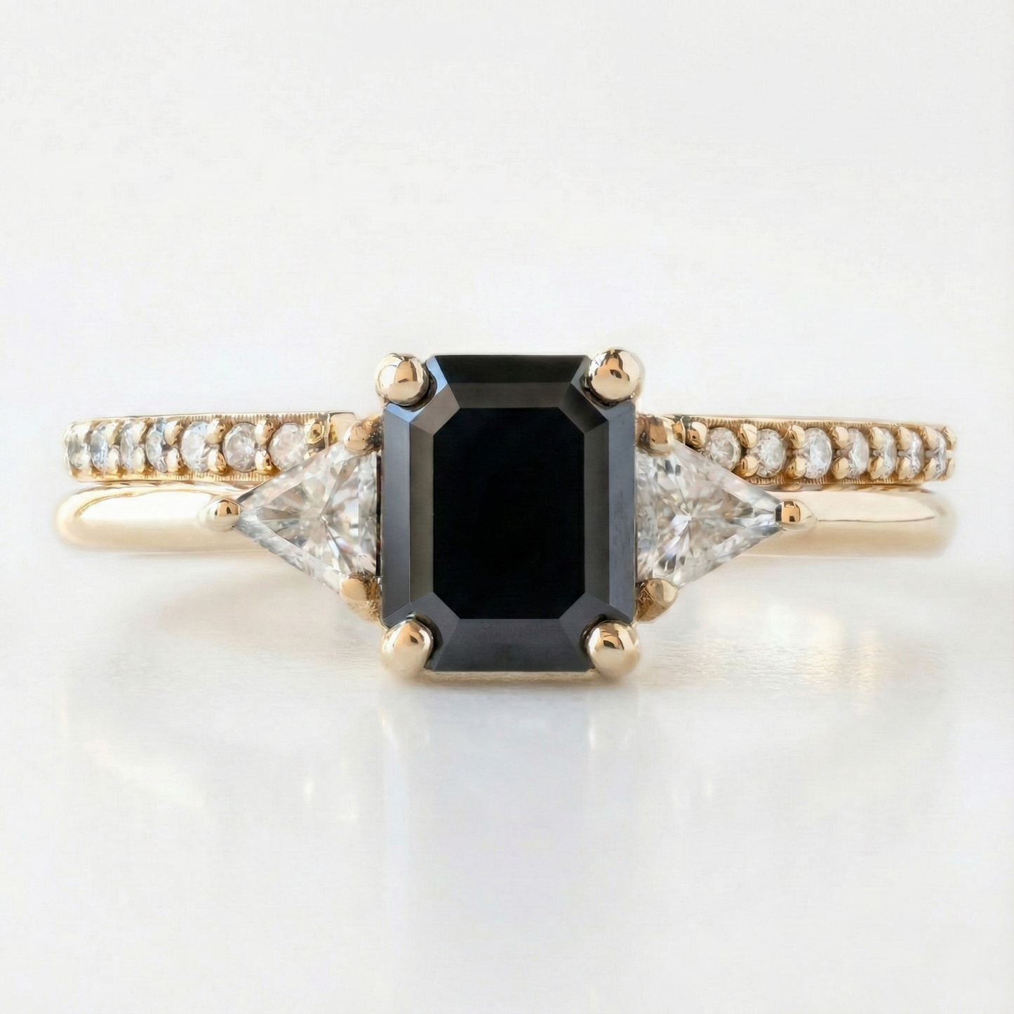 Emerald Cut Fancy Black Color Center Diamond Solid Gold Two Band Ring - Shree Diamond Mfg
