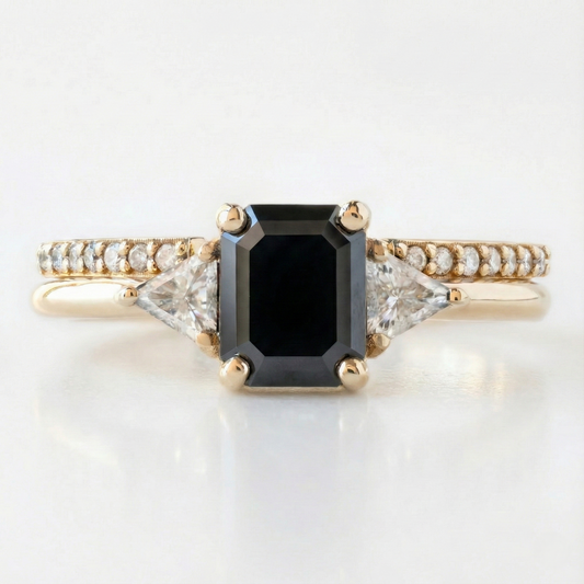 Emerald Cut Fancy Black Color Center Diamond Solid Gold Two Band Ring - Shree Diamond Mfg