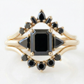 Square Emerald Cut Fancy Black Color Center Diamond Solid Gold Bridal Set Ring