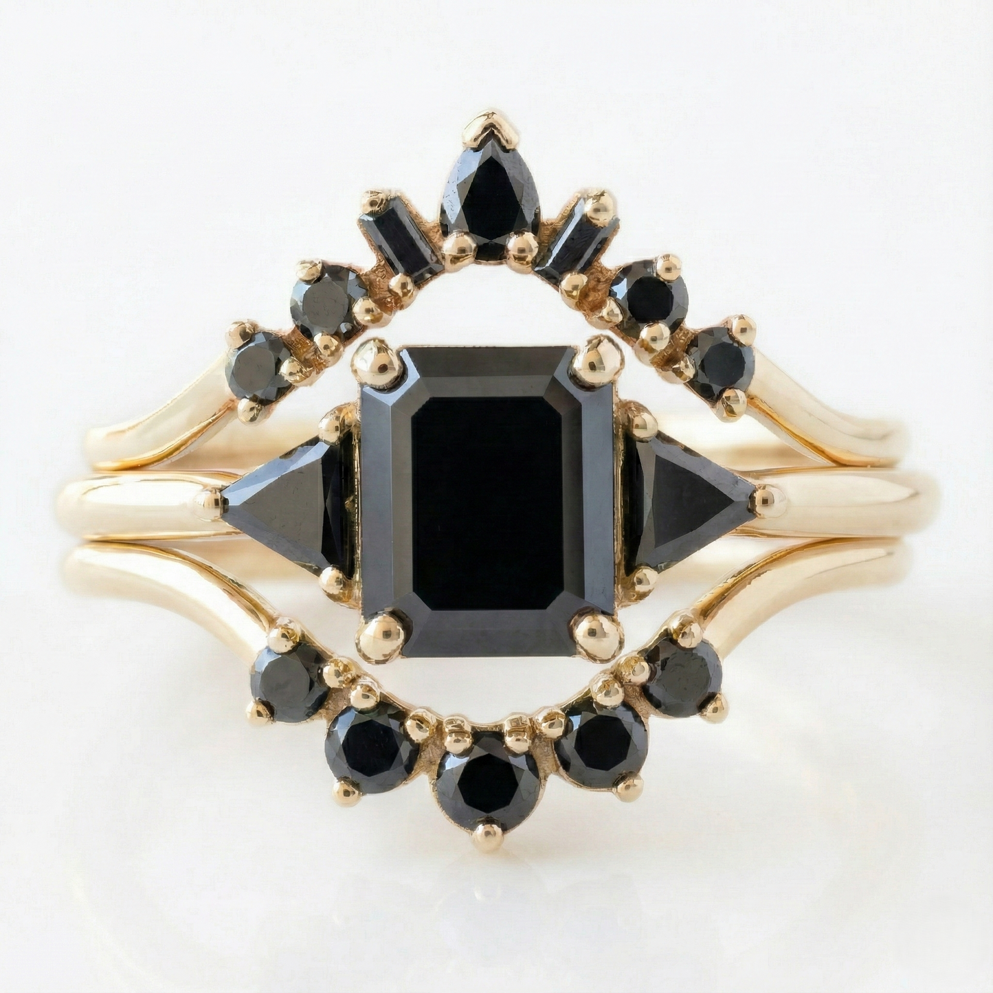 Square Emerald Cut Fancy Black Color Center Diamond Solid Gold Bridal Set Ring