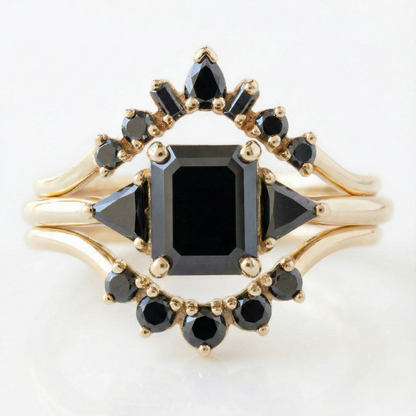 Square Emerald Cut Fancy Black Color Center Diamond Solid Gold Bridal Set Ring