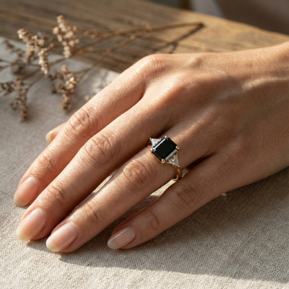 Elegance Emerald Cut Fancy Black Color Diamonds Designer Trilogy Solid Gold Ring - Shree Diamond Mfg