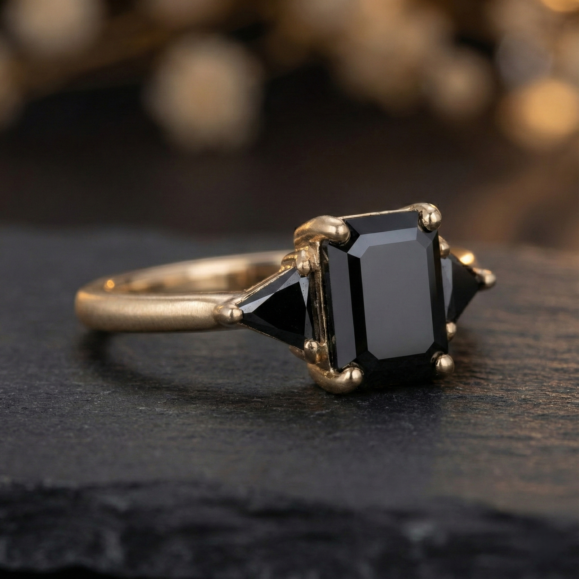 Square Emerald Cut Fancy Black Color Center Diamond Solid Gold Two Band Ring  Shree Diamond Mfg