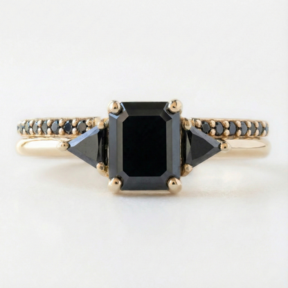 Square Emerald Cut Fancy Black Color Center Diamond Solid Gold Two Band Ring  Shree Diamond Mfg