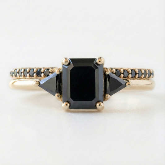 Square Emerald Cut Fancy Black Color Center Diamond Solid Gold Two Band Ring