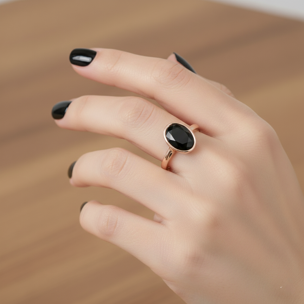 Oval Shape Black Color Diamond Bezel Set Solitaire Engagement Ring