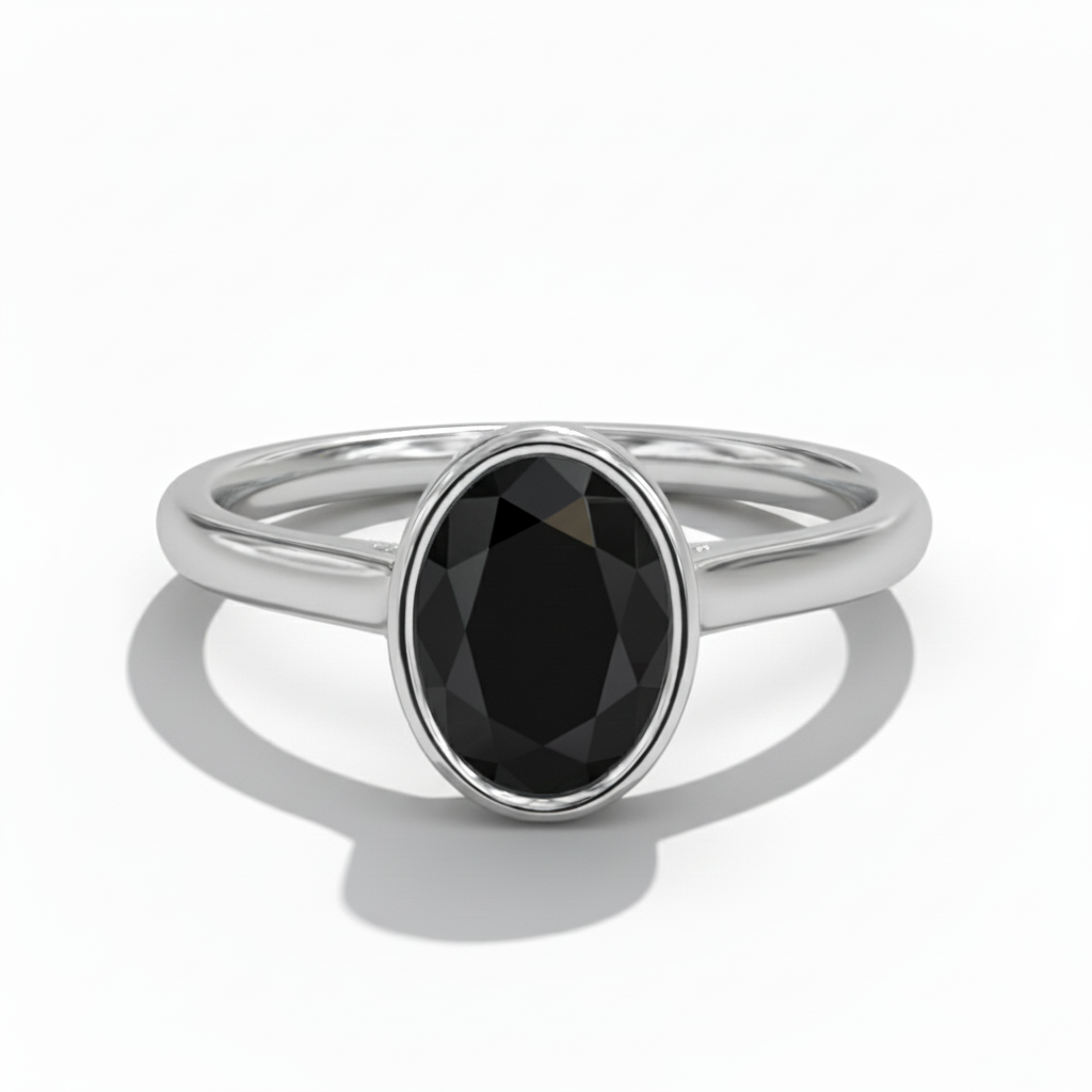 Oval Shape Black Color Diamond Bezel Set Solitaire Engagement Ring